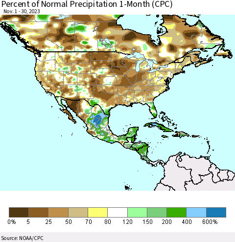 North America Percent of Normal Precipitation 1-Month (CPC) Thematic Map For 11/1/2023 - 11/30/2023