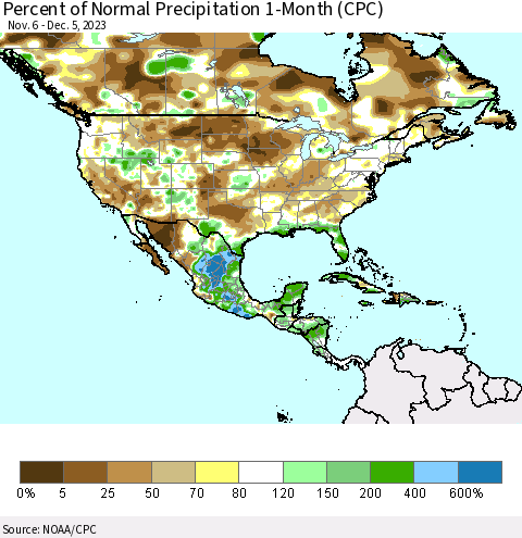 North America Percent of Normal Precipitation 1-Month (CPC) Thematic Map For 11/6/2023 - 12/5/2023