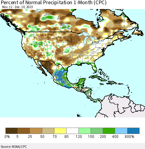 North America Percent of Normal Precipitation 1-Month (CPC) Thematic Map For 11/11/2023 - 12/10/2023
