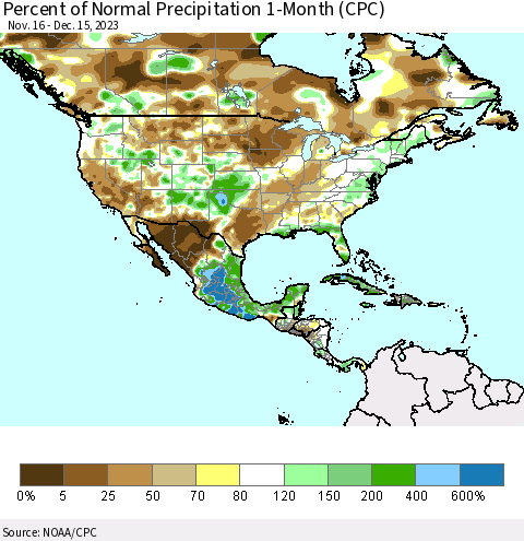 North America Percent of Normal Precipitation 1-Month (CPC) Thematic Map For 11/16/2023 - 12/15/2023