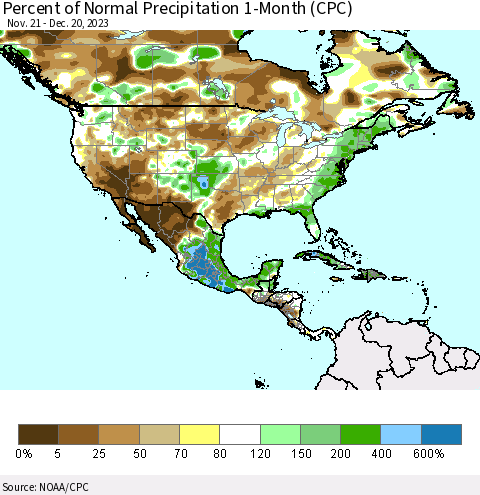 North America Percent of Normal Precipitation 1-Month (CPC) Thematic Map For 11/21/2023 - 12/20/2023