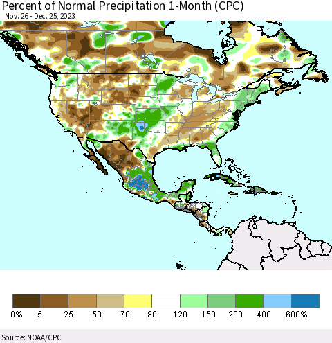 North America Percent of Normal Precipitation 1-Month (CPC) Thematic Map For 11/26/2023 - 12/25/2023