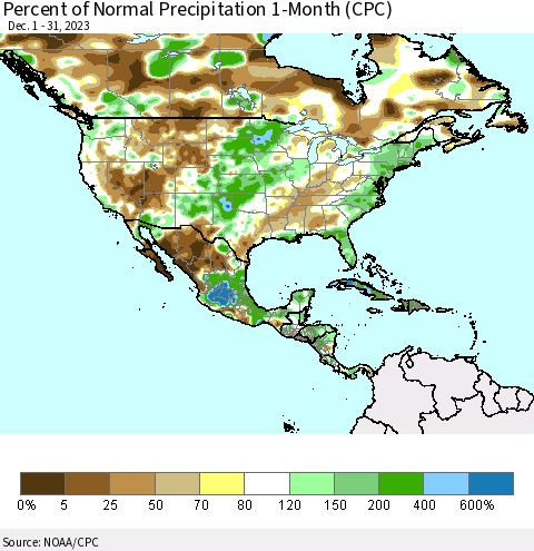 North America Percent of Normal Precipitation 1-Month (CPC) Thematic Map For 12/1/2023 - 12/31/2023