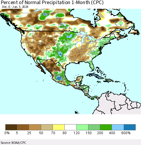 North America Percent of Normal Precipitation 1-Month (CPC) Thematic Map For 12/6/2023 - 1/5/2024