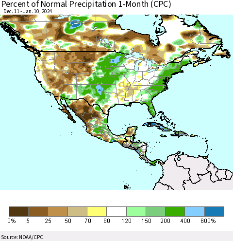 North America Percent of Normal Precipitation 1-Month (CPC) Thematic Map For 12/11/2023 - 1/10/2024