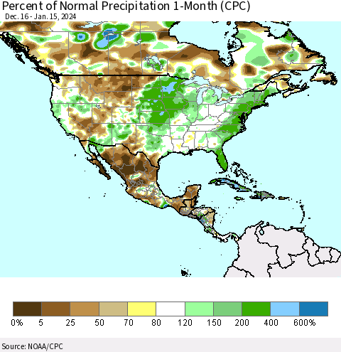 North America Percent of Normal Precipitation 1-Month (CPC) Thematic Map For 12/16/2023 - 1/15/2024