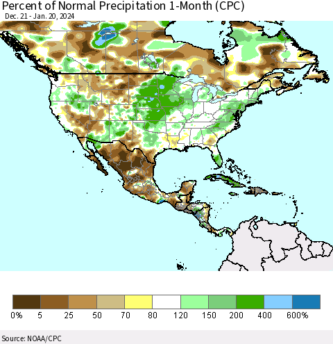 North America Percent of Normal Precipitation 1-Month (CPC) Thematic Map For 12/21/2023 - 1/20/2024