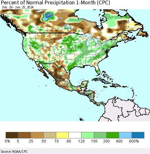 North America Percent of Normal Precipitation 1-Month (CPC) Thematic Map For 12/26/2023 - 1/25/2024
