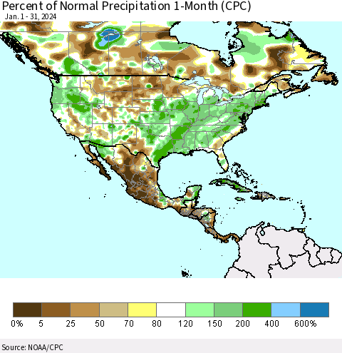 North America Percent of Normal Precipitation 1-Month (CPC) Thematic Map For 1/1/2024 - 1/31/2024