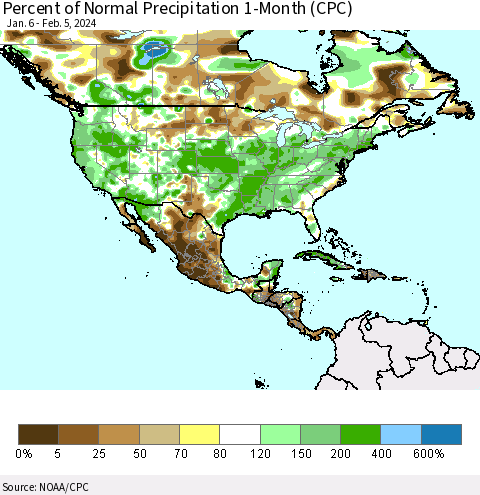 North America Percent of Normal Precipitation 1-Month (CPC) Thematic Map For 1/6/2024 - 2/5/2024