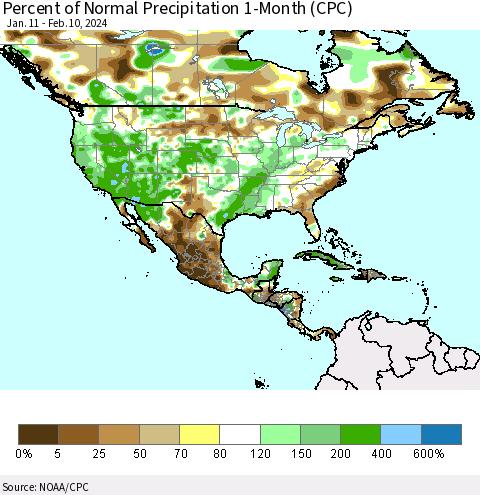 North America Percent of Normal Precipitation 1-Month (CPC) Thematic Map For 1/11/2024 - 2/10/2024