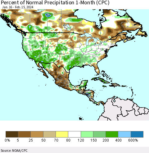 North America Percent of Normal Precipitation 1-Month (CPC) Thematic Map For 1/16/2024 - 2/15/2024