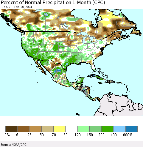 North America Percent of Normal Precipitation 1-Month (CPC) Thematic Map For 1/21/2024 - 2/20/2024
