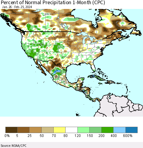 North America Percent of Normal Precipitation 1-Month (CPC) Thematic Map For 1/26/2024 - 2/25/2024