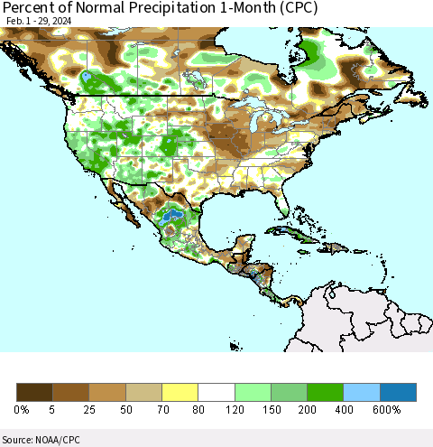 North America Percent of Normal Precipitation 1-Month (CPC) Thematic Map For 2/1/2024 - 2/29/2024