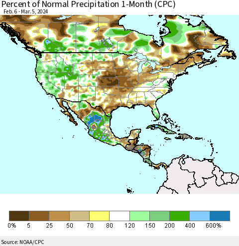 North America Percent of Normal Precipitation 1-Month (CPC) Thematic Map For 2/6/2024 - 3/5/2024