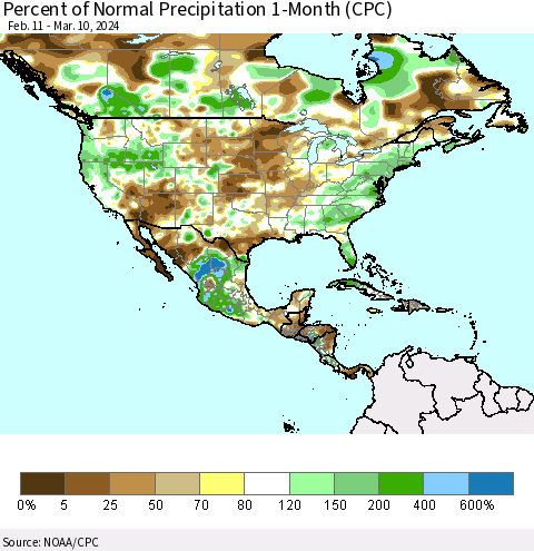 North America Percent of Normal Precipitation 1-Month (CPC) Thematic Map For 2/11/2024 - 3/10/2024