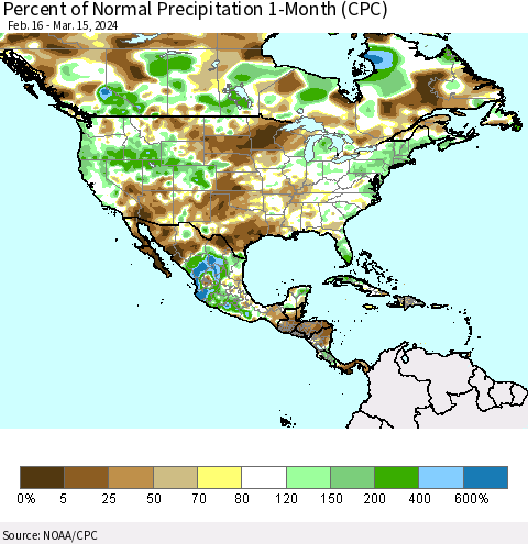 North America Percent of Normal Precipitation 1-Month (CPC) Thematic Map For 2/16/2024 - 3/15/2024