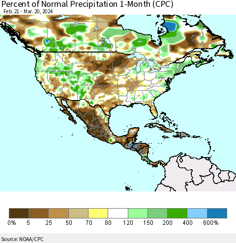 North America Percent of Normal Precipitation 1-Month (CPC) Thematic Map For 2/21/2024 - 3/20/2024