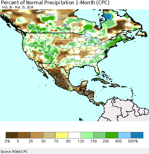 North America Percent of Normal Precipitation 1-Month (CPC) Thematic Map For 2/26/2024 - 3/25/2024
