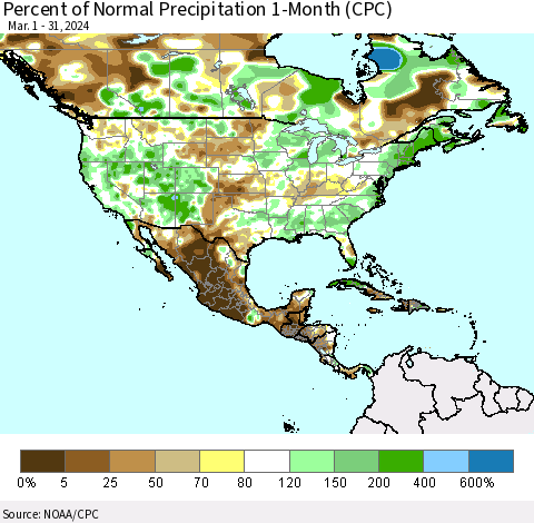 North America Percent of Normal Precipitation 1-Month (CPC) Thematic Map For 3/1/2024 - 3/31/2024