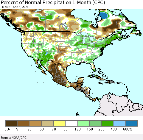 North America Percent of Normal Precipitation 1-Month (CPC) Thematic Map For 3/6/2024 - 4/5/2024