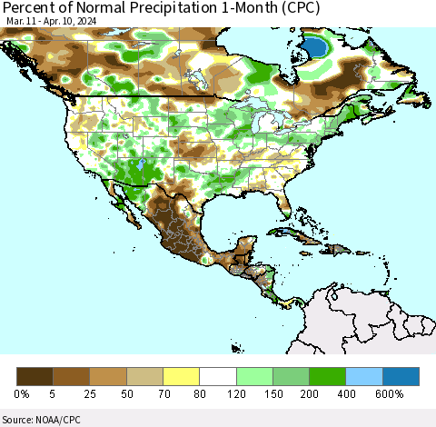 North America Percent of Normal Precipitation 1-Month (CPC) Thematic Map For 3/11/2024 - 4/10/2024