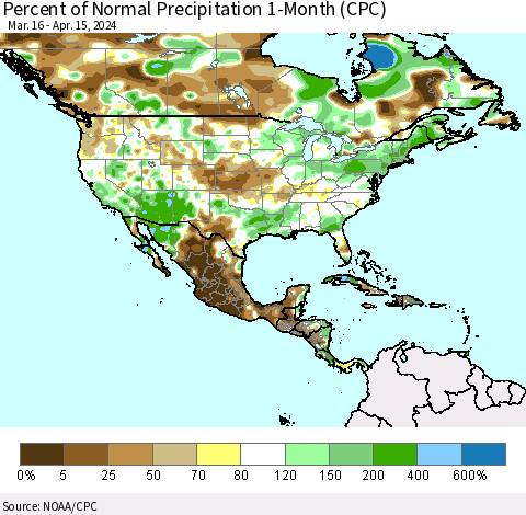 North America Percent of Normal Precipitation 1-Month (CPC) Thematic Map For 3/16/2024 - 4/15/2024