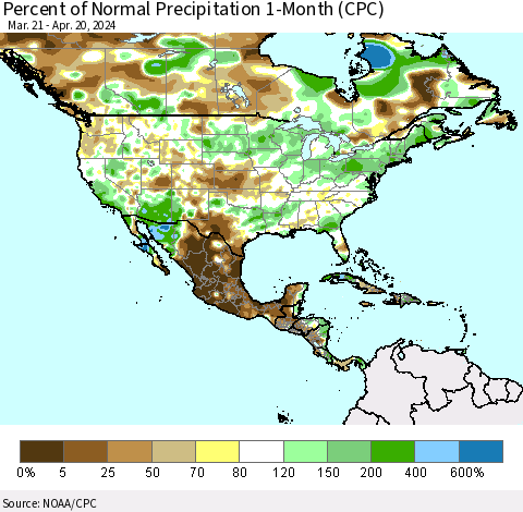 North America Percent of Normal Precipitation 1-Month (CPC) Thematic Map For 3/21/2024 - 4/20/2024
