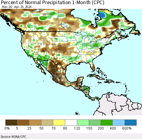 North America Percent of Normal Precipitation 1-Month (CPC) Thematic Map For 3/26/2024 - 4/25/2024