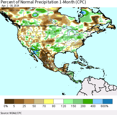 North America Percent of Normal Precipitation 1-Month (CPC) Thematic Map For 4/1/2024 - 4/30/2024