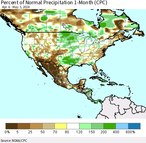 North America Percent of Normal Precipitation 1-Month (CPC) Thematic Map For 4/6/2024 - 5/5/2024