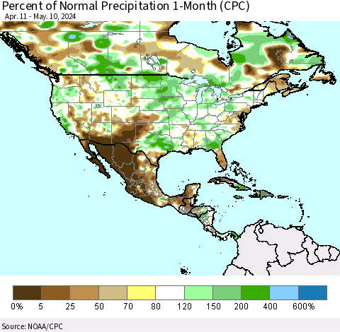 North America Percent of Normal Precipitation 1-Month (CPC) Thematic Map For 4/11/2024 - 5/10/2024