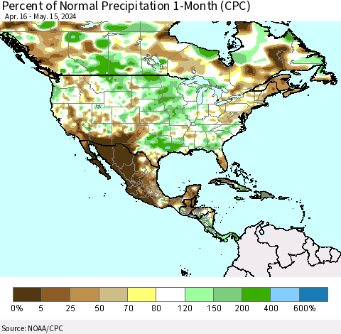 North America Percent of Normal Precipitation 1-Month (CPC) Thematic Map For 4/16/2024 - 5/15/2024