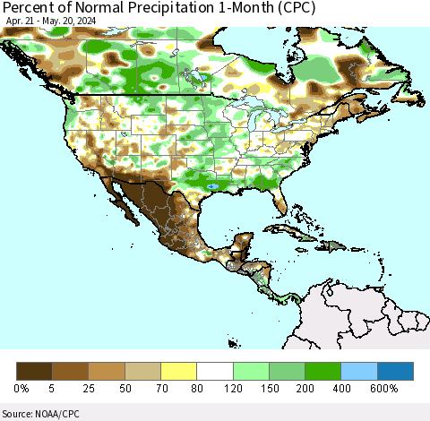 North America Percent of Normal Precipitation 1-Month (CPC) Thematic Map For 4/21/2024 - 5/20/2024