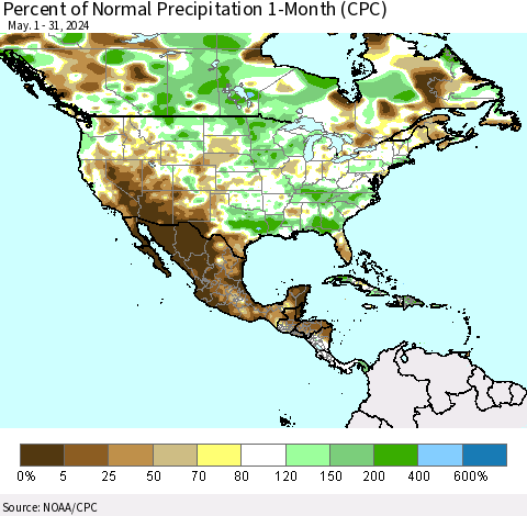 North America Percent of Normal Precipitation 1-Month (CPC) Thematic Map For 5/1/2024 - 5/31/2024