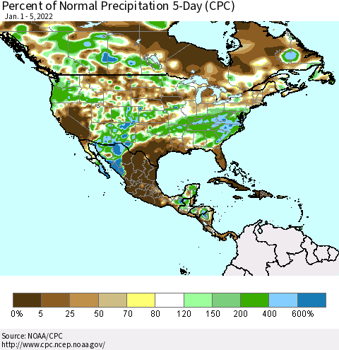 North America Percent of Normal Precipitation 5-Day (CPC) Thematic Map For 1/1/2022 - 1/5/2022