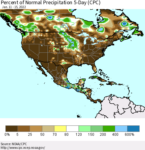 North America Percent of Normal Precipitation 5-Day (CPC) Thematic Map For 1/11/2022 - 1/15/2022