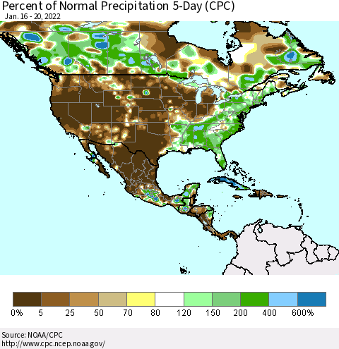 North America Percent of Normal Precipitation 5-Day (CPC) Thematic Map For 1/16/2022 - 1/20/2022