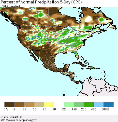 North America Percent of Normal Precipitation 5-Day (CPC) Thematic Map For 3/6/2022 - 3/10/2022