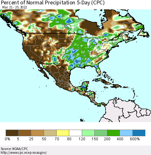 North America Percent of Normal Precipitation 5-Day (CPC) Thematic Map For 3/21/2022 - 3/25/2022