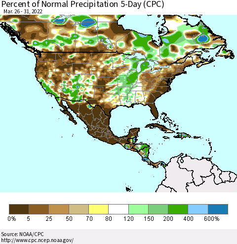 North America Percent of Normal Precipitation 5-Day (CPC) Thematic Map For 3/26/2022 - 3/31/2022