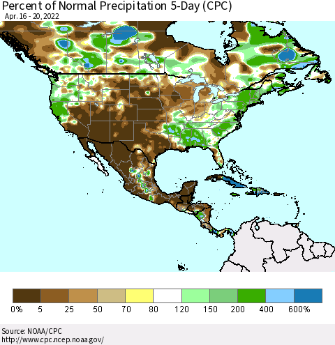 North America Percent of Normal Precipitation 5-Day (CPC) Thematic Map For 4/16/2022 - 4/20/2022
