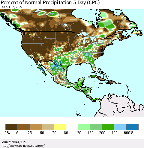 North America Percent of Normal Precipitation 5-Day (CPC) Thematic Map For 9/1/2022 - 9/5/2022
