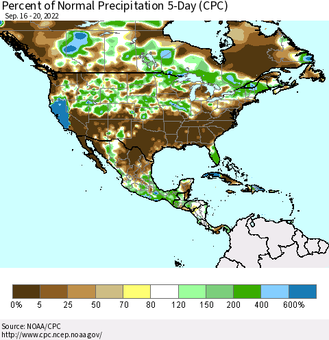 North America Percent of Normal Precipitation 5-Day (CPC) Thematic Map For 9/16/2022 - 9/20/2022