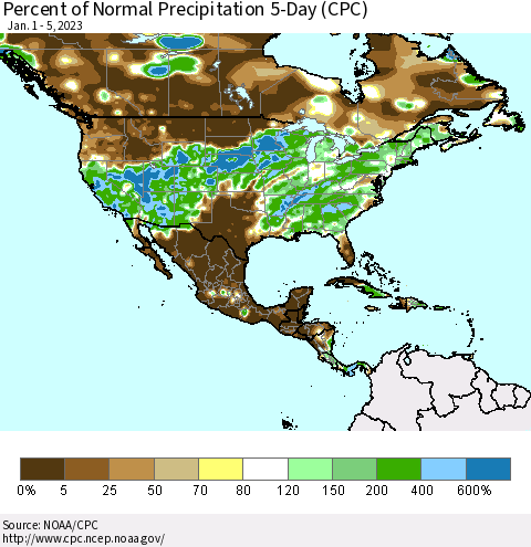 North America Percent of Normal Precipitation 5-Day (CPC) Thematic Map For 1/1/2023 - 1/5/2023