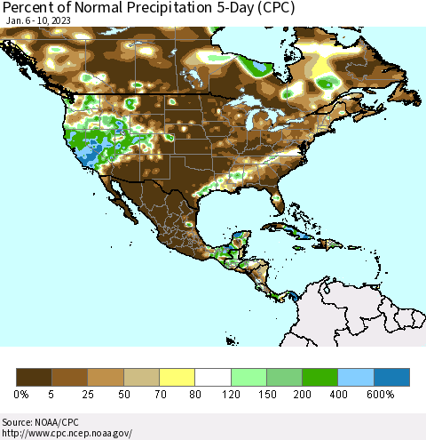 North America Percent of Normal Precipitation 5-Day (CPC) Thematic Map For 1/6/2023 - 1/10/2023