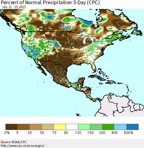 North America Percent of Normal Precipitation 5-Day (CPC) Thematic Map For 1/11/2023 - 1/15/2023