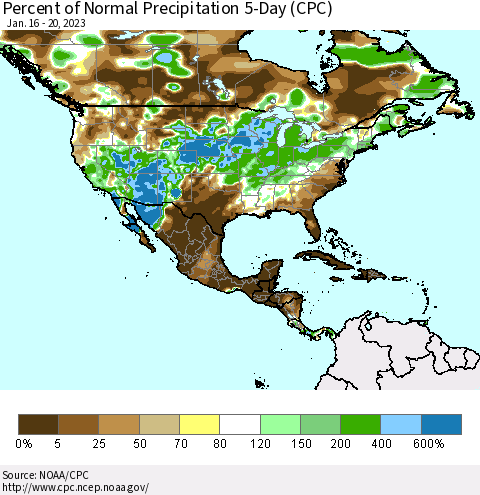 North America Percent of Normal Precipitation 5-Day (CPC) Thematic Map For 1/16/2023 - 1/20/2023