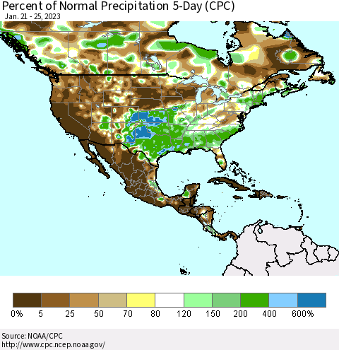 North America Percent of Normal Precipitation 5-Day (CPC) Thematic Map For 1/21/2023 - 1/25/2023